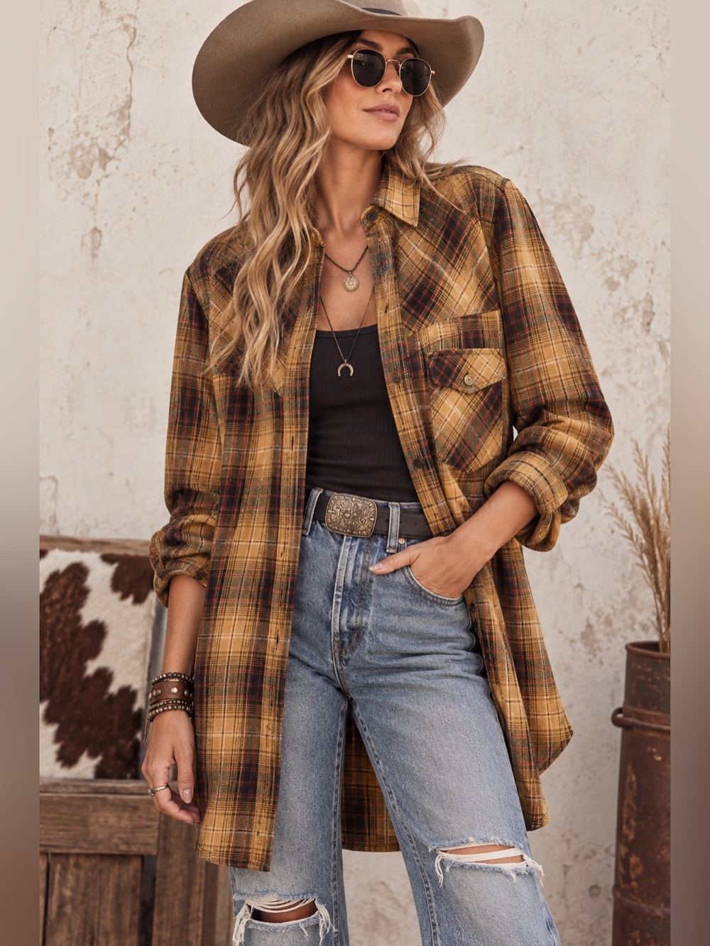 Tasha Polizzi Highland Shirt Plaid Button Down Tunic XL 100% Cotton
